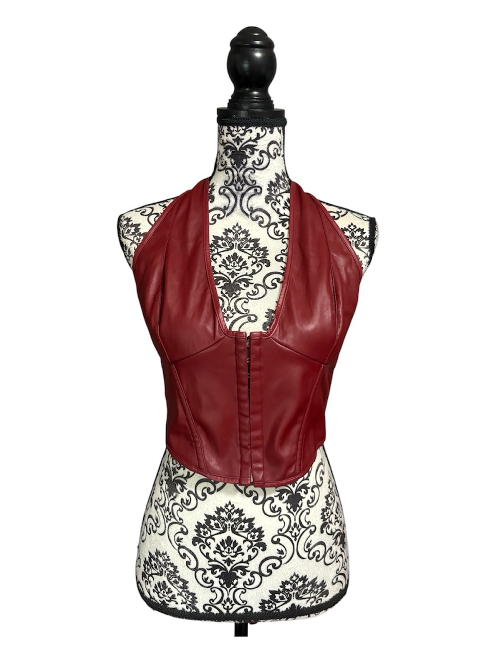 Red Faux Leather Halter Corset Crop Top with Lace-Up Back
